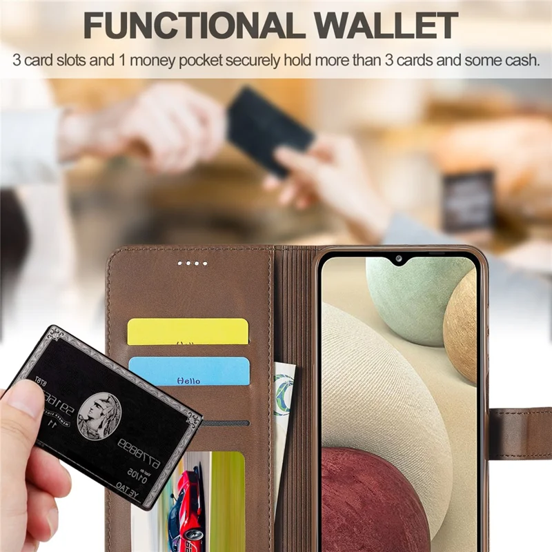 LC.IMEEKE Wallet Design Leather Phone Stand Case Protector for Samsung Galaxy A22 4G (EU Version) - Coffee