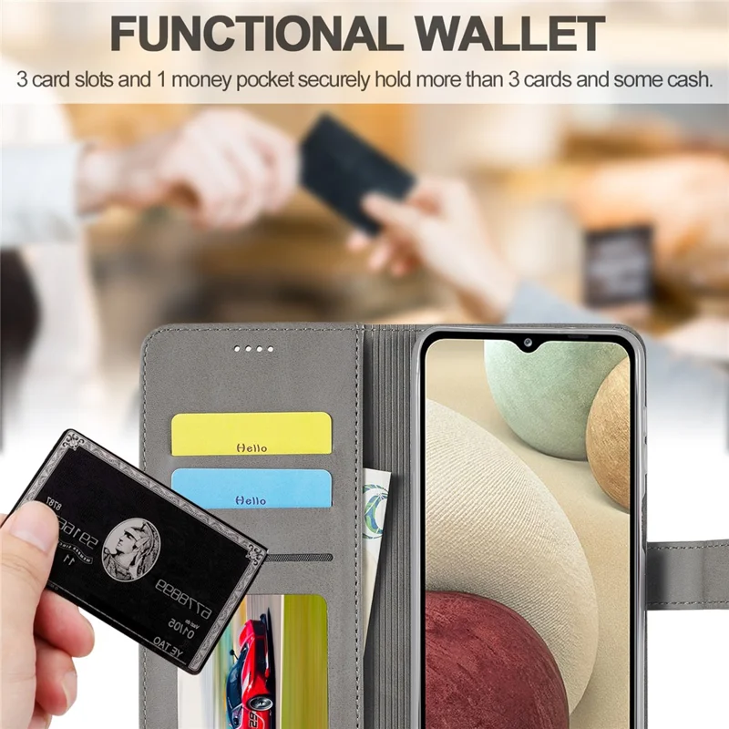 LC.IMEEKE Wallet Design Leather Phone Stand Case Protector for Samsung Galaxy A22 4G (EU Version) - Grey