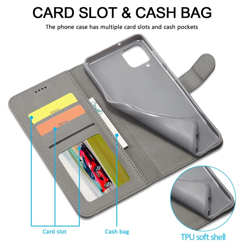 LC.IMEEKE Wallet Design Leather Phone Stand Case Protector for Samsung Galaxy A22 4G (EU Version) - Grey