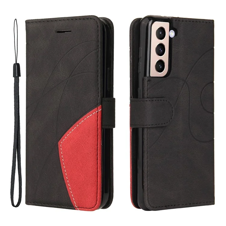 For Samsung Galaxy S21 5G / 4G Leather Case Wallet Stand Color Splicing Phone Cover - Black