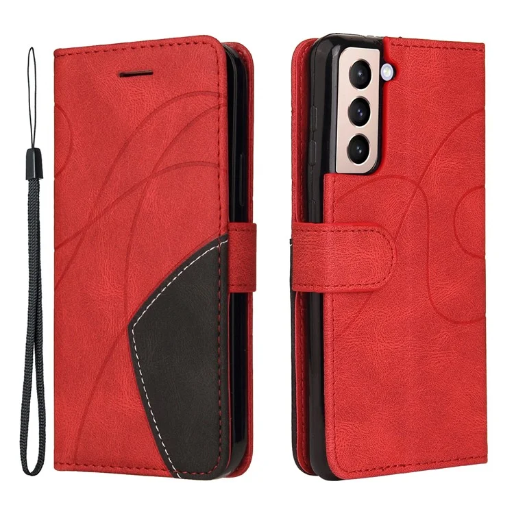 For Samsung Galaxy S21 5G / 4G Leather Case Wallet Stand Color Splicing Phone Cover - Red