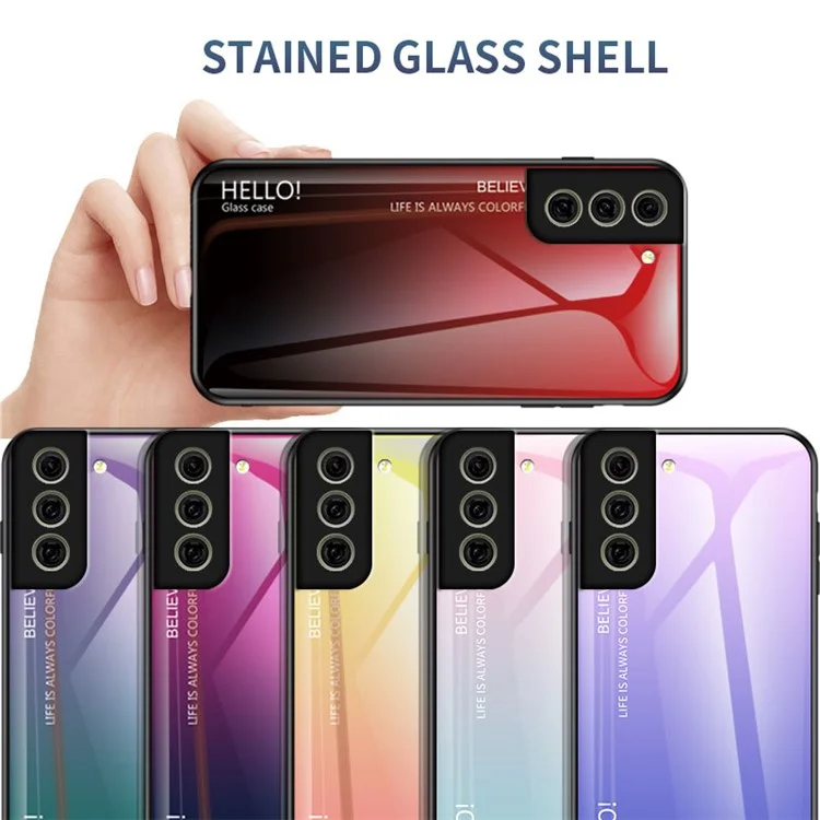 Gehärtetes Glas Farbverlauf Muster + TPU Rahmen Hybrid Slim Case für Samsung Galaxy S21 FE - Farbverlauf Rot Schwarz