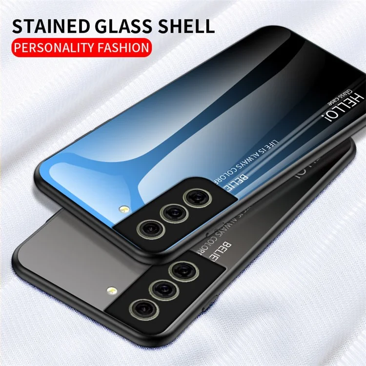 Gehärtetes Glas Farbverlauf Muster + TPU Rahmen Hybrid Slim Case für Samsung Galaxy S21 FE - Farbverlauf Rot Schwarz