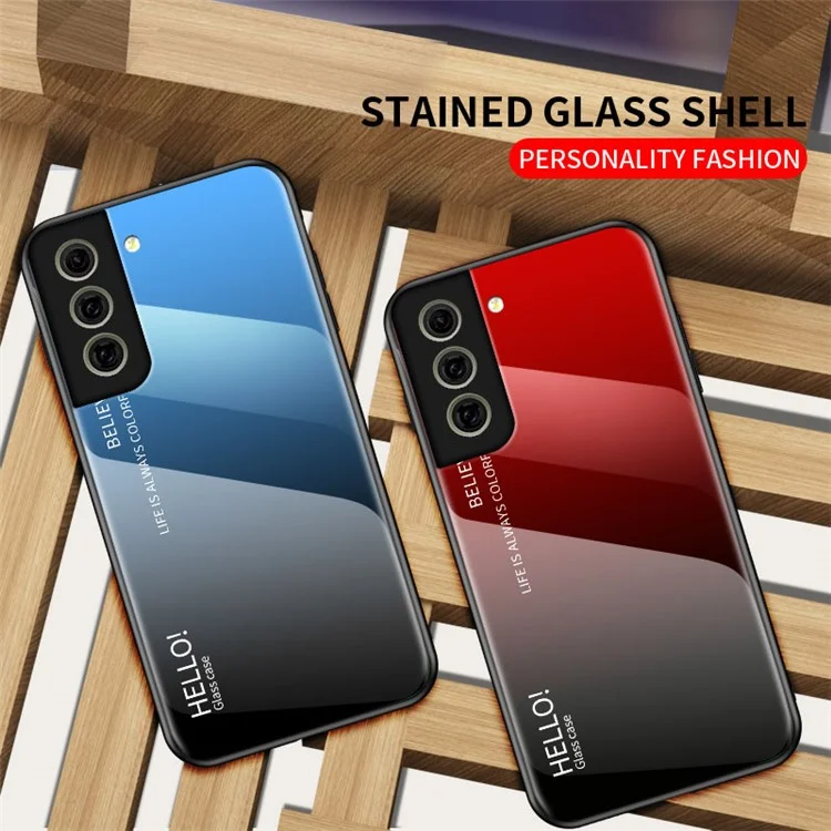 Gehärtetes Glas Farbverlauf Muster + TPU Rahmen Hybrid Slim Case für Samsung Galaxy S21 FE - Farbverlauf Rot Schwarz