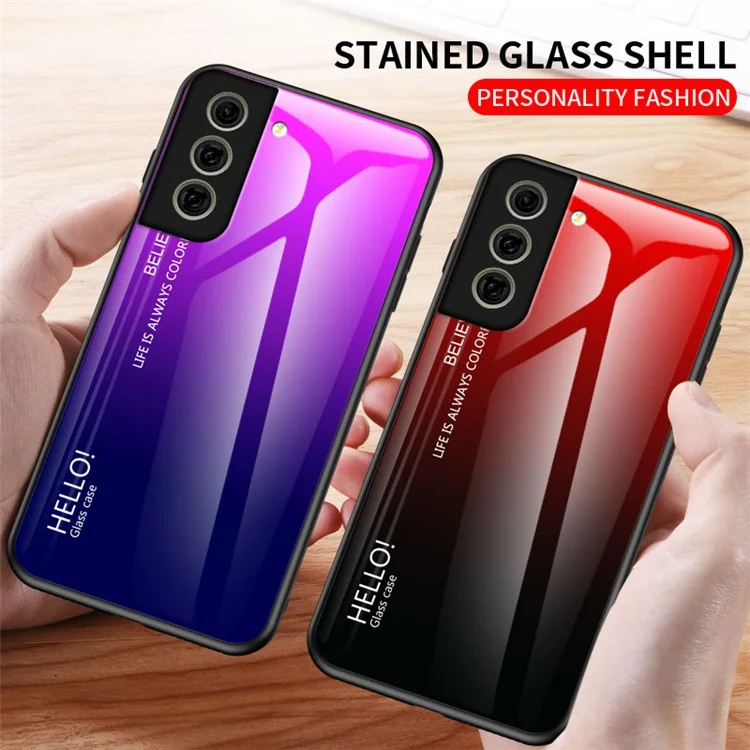 Gehärtetes Glas Farbverlauf Muster + TPU Rahmen Hybrid Slim Case für Samsung Galaxy S21 FE - Farbverlauf Rot Schwarz
