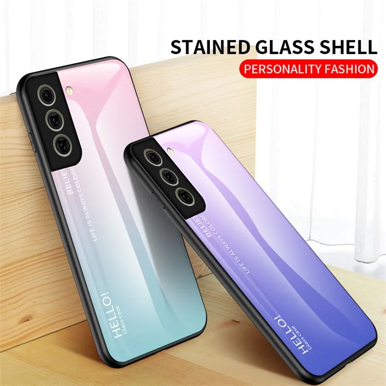 Gehärtetes Glas Farbverlauf Muster + TPU Rahmen Hybrid Slim Case für Samsung Galaxy S21 FE - Farbverlauf Rot Schwarz