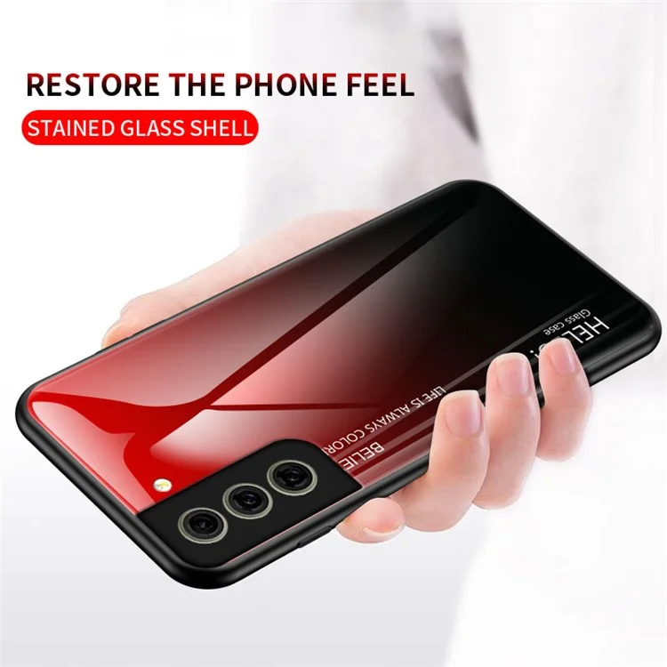 Gehärtetes Glas Farbverlauf Muster + TPU Rahmen Hybrid Slim Case für Samsung Galaxy S21 FE - Farbverlauf Rot Schwarz