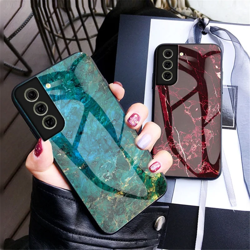 Étui de protection en verre trempé dur résistant aux rayures avec motif marbre de luxe pour Samsung Galaxy S21 FE - Marbre émeraude