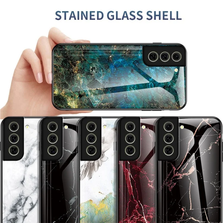 Étui de protection en verre trempé dur résistant aux rayures avec motif marbre de luxe pour Samsung Galaxy S21 FE - Marbre émeraude