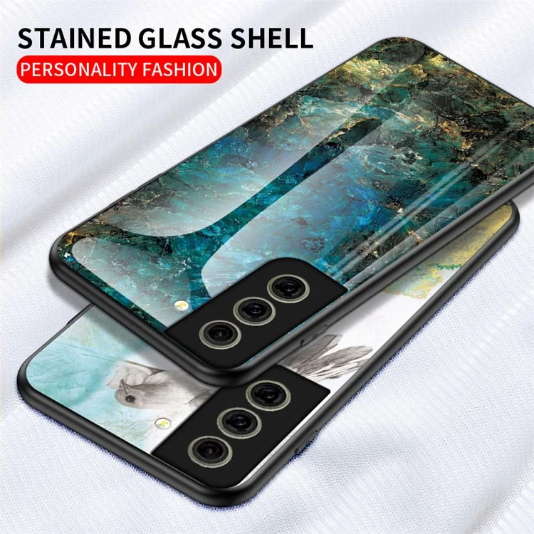 Étui de protection en verre trempé dur résistant aux rayures avec motif marbre de luxe pour Samsung Galaxy S21 FE - Marbre émeraude
