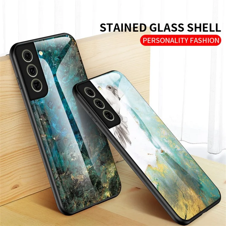 Étui de protection en verre trempé dur résistant aux rayures avec motif marbre de luxe pour Samsung Galaxy S21 FE - Marbre émeraude