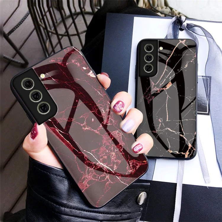Étui de protection en verre trempé dur résistant aux rayures avec motif marbre de luxe pour Samsung Galaxy S21 FE - Marbre émeraude