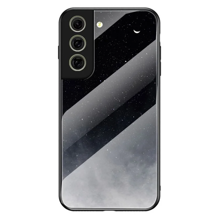 3D Starry Sky Pattern Glitter Shockproof Tempered Glass Mirror Drop Rubber Hybrid Back Cover for Samsung Galaxy S21 FE - Starry Crescent Sky