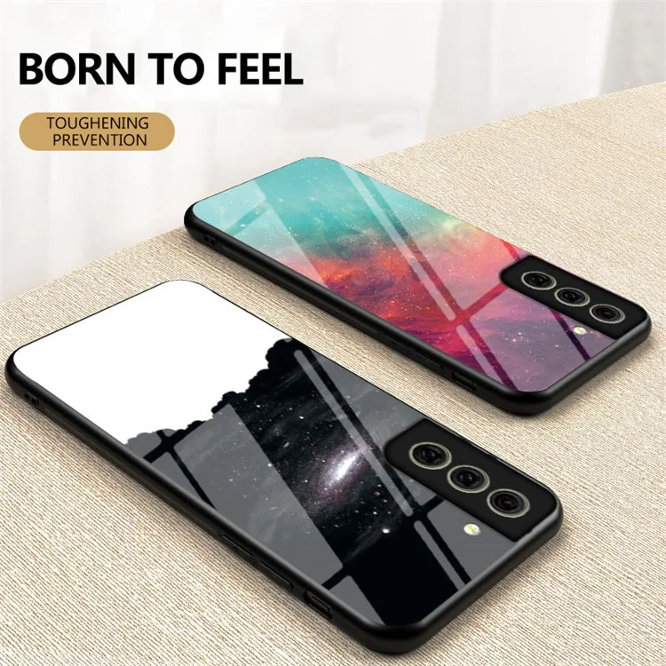 3D Starry Sky Pattern Glitter Shockproof Tempered Glass Mirror Drop Rubber Hybrid Back Cover for Samsung Galaxy S21 FE - Starry Crescent Sky