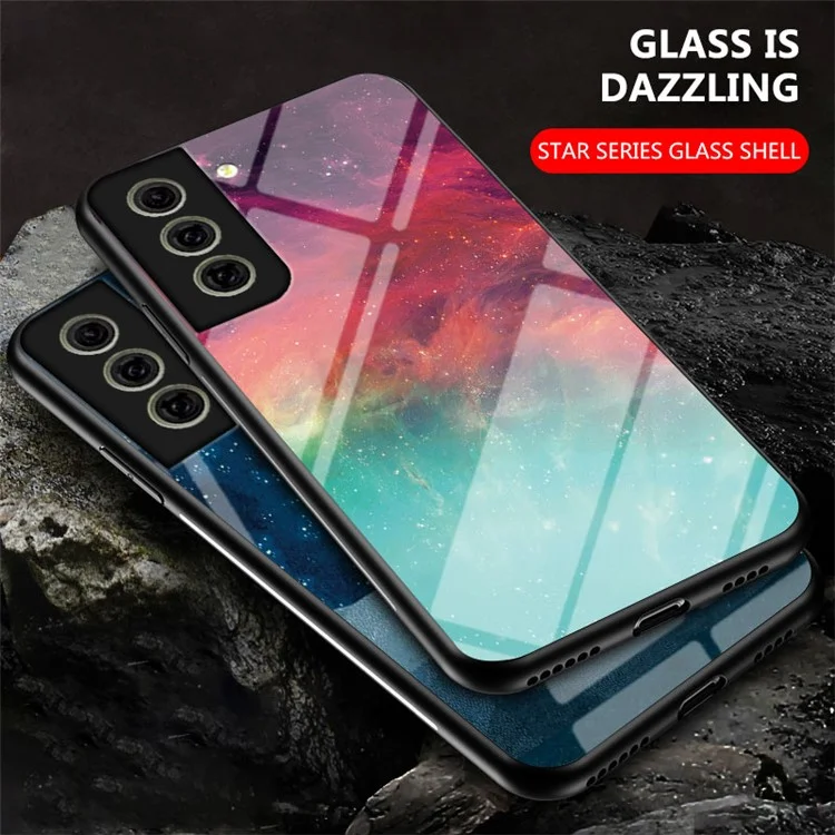 3D Starry Sky Pattern Glitter Shockproof Tempered Glass Mirror Drop Rubber Hybrid Back Cover for Samsung Galaxy S21 FE - Starry Crescent Sky