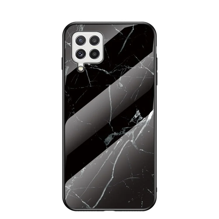 Tempered Glass Marble Pattern Shockproof Hybrid Protective Phone Hard PC Soft TPU Cover for Samsung Galaxy A22 4G (EU Version) - Black Marble