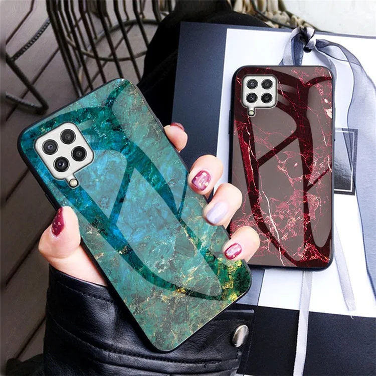 Tempered Glass Marble Pattern Shockproof Hybrid Protective Phone Hard PC Soft TPU Cover for Samsung Galaxy A22 4G (EU Version) - Black Marble
