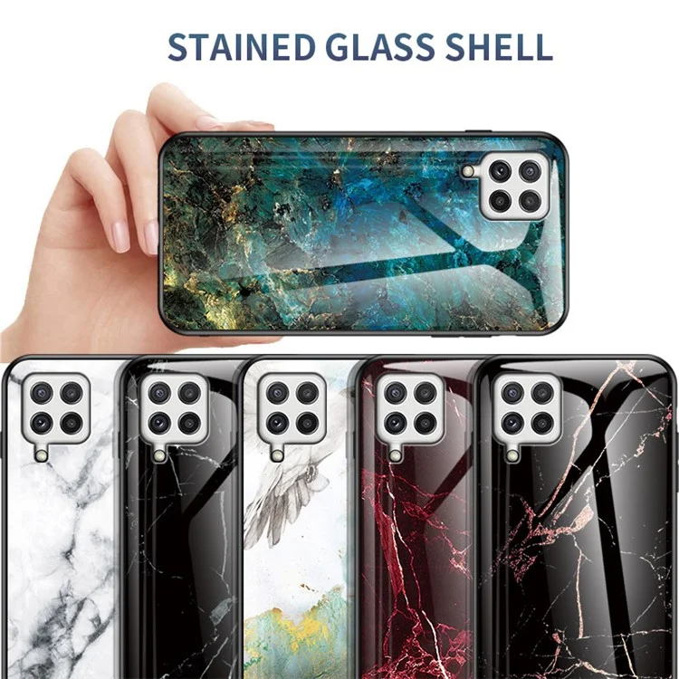Tempered Glass Marble Pattern Shockproof Hybrid Protective Phone Hard PC Soft TPU Cover for Samsung Galaxy A22 4G (EU Version) - Black Marble