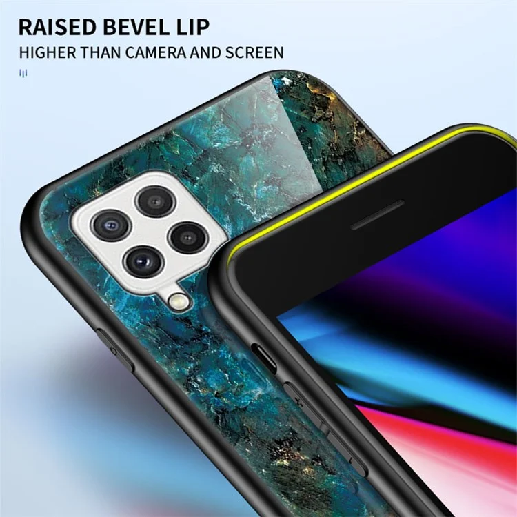 Tempered Glass Marble Pattern Shockproof Hybrid Protective Phone Hard PC Soft TPU Cover for Samsung Galaxy A22 4G (EU Version) - Black Marble