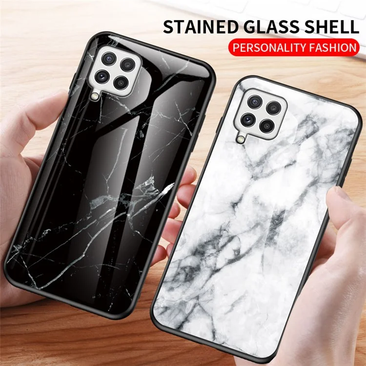 Tempered Glass Marble Pattern Shockproof Hybrid Protective Phone Hard PC Soft TPU Cover for Samsung Galaxy A22 4G (EU Version) - Black Marble