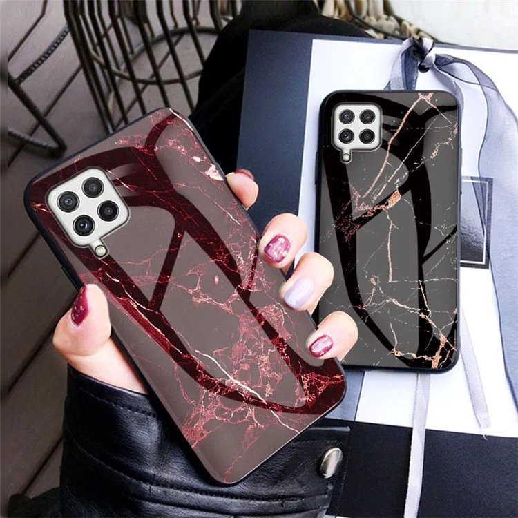 Tempered Glass Marble Pattern Shockproof Hybrid Protective Phone Hard PC Soft TPU Cover for Samsung Galaxy A22 4G (EU Version) - Black Marble