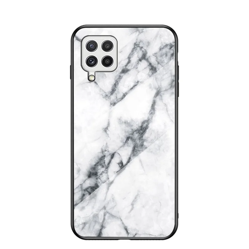 Tempered Glass Marble Pattern Shockproof Hybrid Protective Phone Hard PC Soft TPU Cover for Samsung Galaxy A22 4G (EU Version) - White Marble