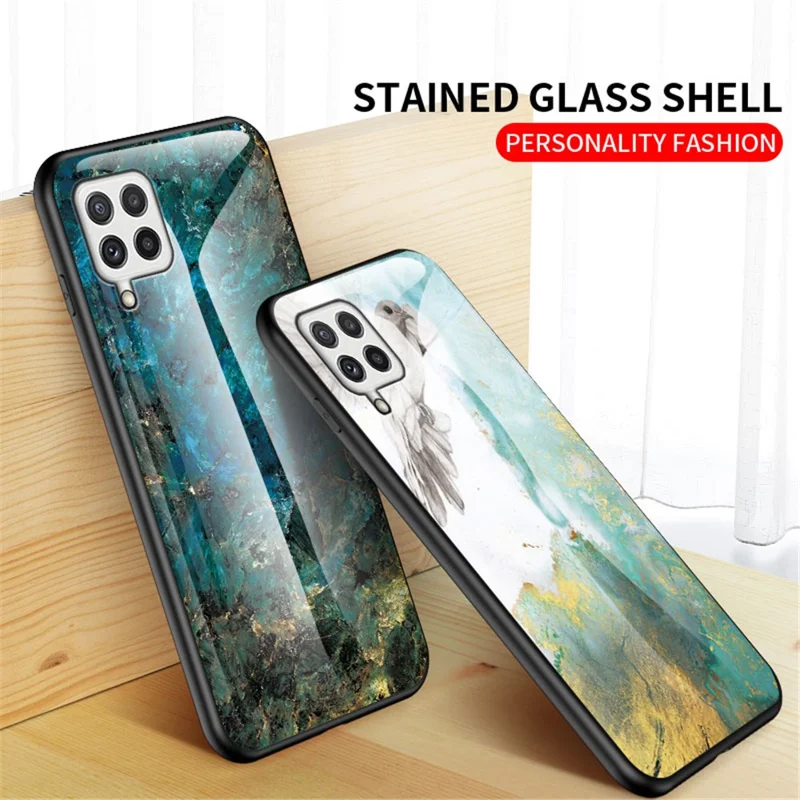 Tempered Glass Marble Pattern Shockproof Hybrid Protective Phone Hard PC Soft TPU Cover for Samsung Galaxy A22 4G (EU Version) - White Marble