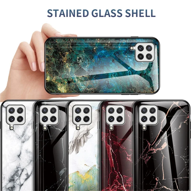 Tempered Glass Marble Pattern Shockproof Hybrid Protective Phone Hard PC Soft TPU Cover for Samsung Galaxy A22 4G (EU Version) - Emerald Marble