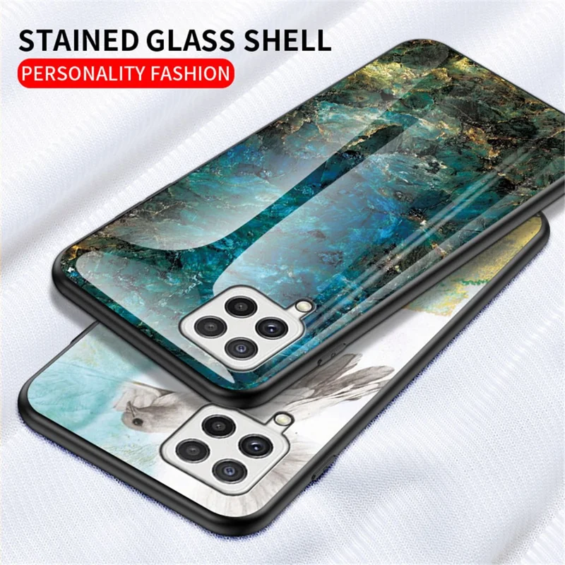 Tempered Glass Marble Pattern Shockproof Hybrid Protective Phone Hard PC Soft TPU Cover for Samsung Galaxy A22 4G (EU Version) - Emerald Marble