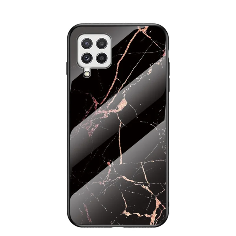 Tempered Glass Marble Pattern Shockproof Hybrid Protective Phone Hard PC Soft TPU Cover for Samsung Galaxy A22 4G (EU Version) - Gold Black Marble