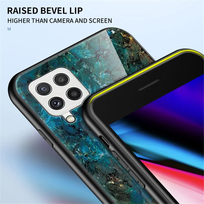 Tempered Glass Marble Pattern Shockproof Hybrid Protective Phone Hard PC Soft TPU Cover for Samsung Galaxy A22 4G (EU Version) - Gold Black Marble