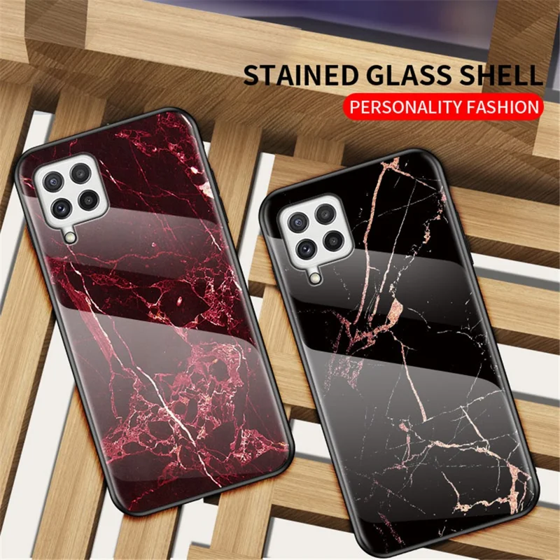 Tempered Glass Marble Pattern Shockproof Hybrid Protective Phone Hard PC Soft TPU Cover for Samsung Galaxy A22 4G (EU Version) - Gold Black Marble