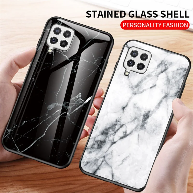 Tempered Glass Marble Pattern Shockproof Hybrid Protective Phone Hard PC Soft TPU Cover for Samsung Galaxy A22 4G (EU Version) - Gold Black Marble
