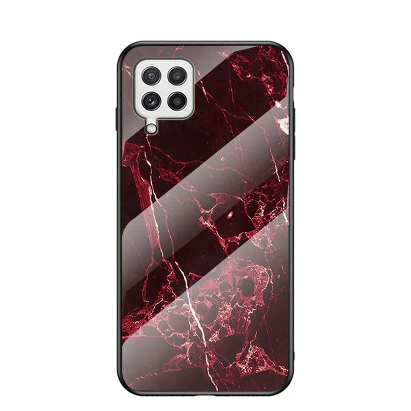 Tempered Glass Marble Pattern Shockproof Hybrid Protective Phone Hard PC Soft TPU Cover for Samsung Galaxy A22 4G (EU Version) - Blood Red Marble