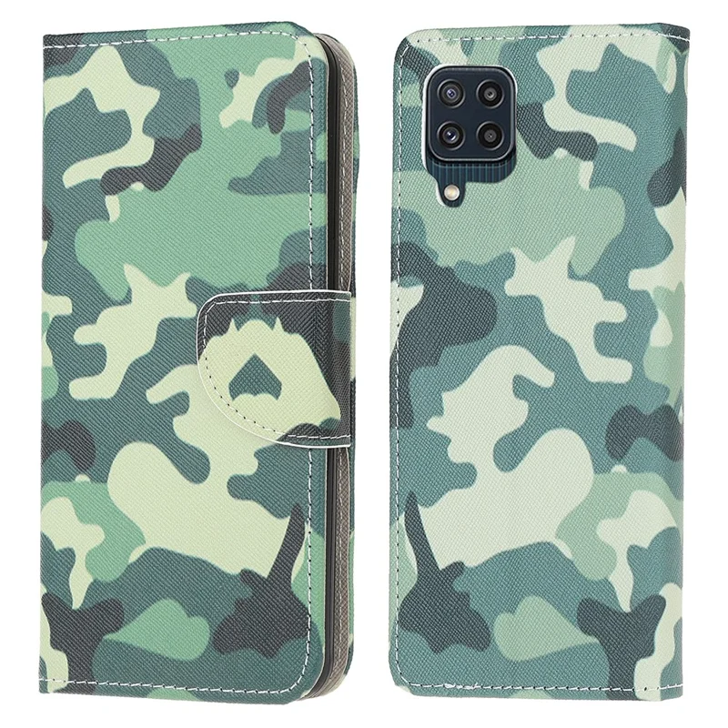 Cross Texture PU Leather Pattern Wallet Shockproof Folio Case with Kickstand Magnetic Closure for Samsung Galaxy M32 (Global Version) - Camouflage