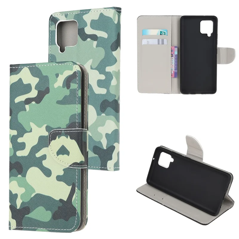 Cross Texture PU Leather Pattern Wallet Shockproof Folio Case with Kickstand Magnetic Closure for Samsung Galaxy M32 (Global Version) - Camouflage