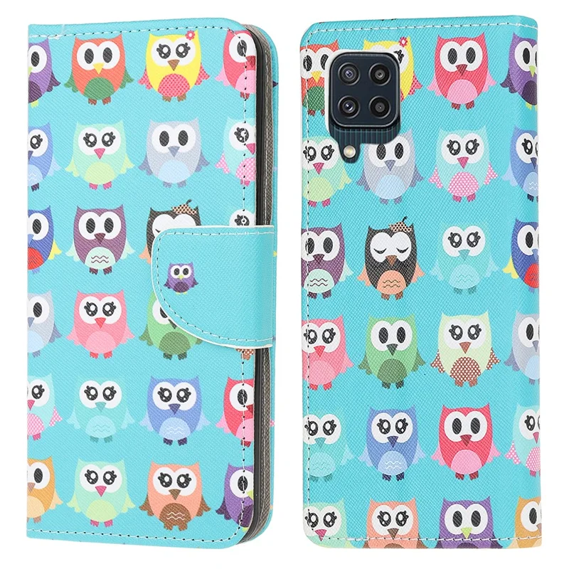 Cross Texture PU Leather Pattern Wallet Shockproof Folio Case with Kickstand Magnetic Closure for Samsung Galaxy M32 (Global Version) - Cute Owls