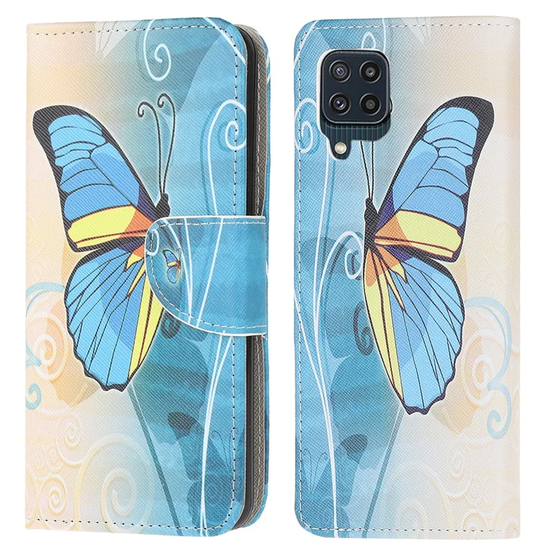 Cross Texture PU Leather Pattern Wallet Shockproof Folio Case with Kickstand Magnetic Closure for Samsung Galaxy M32 (Global Version) - Blue Butterfly