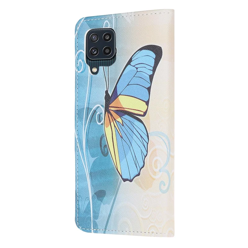 Cross Texture PU Leather Pattern Wallet Shockproof Folio Case with Kickstand Magnetic Closure for Samsung Galaxy M32 (Global Version) - Blue Butterfly