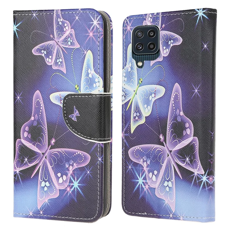 Cross Texture PU Leather Pattern Wallet Shockproof Folio Case with Kickstand Magnetic Closure for Samsung Galaxy M32 (Global Version) - Sparkle Butterfly