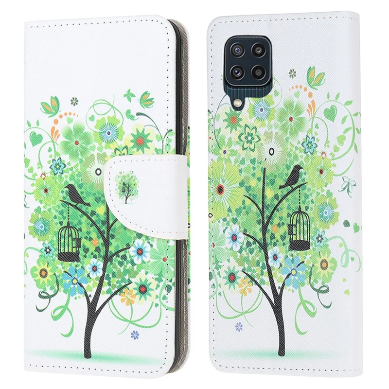 Cross Texture PU Leather Pattern Wallet Shockproof Folio Case with Kickstand Magnetic Closure for Samsung Galaxy M32 (Global Version) - Green Tree