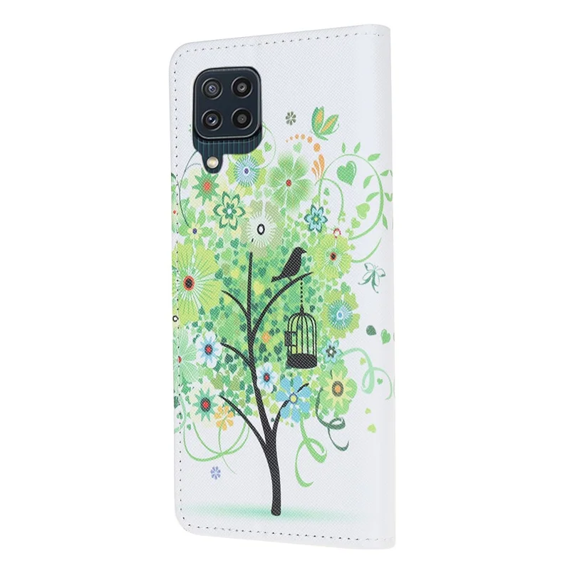 Cross Texture PU Leather Pattern Wallet Shockproof Folio Case with Kickstand Magnetic Closure for Samsung Galaxy M32 (Global Version) - Green Tree