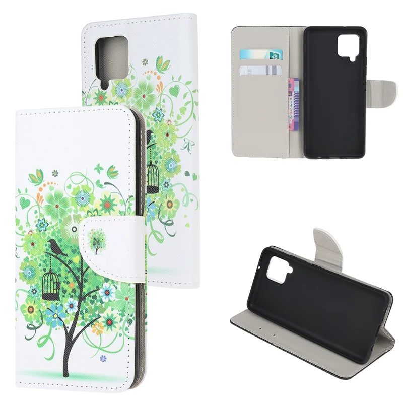 Cross Texture PU Leather Pattern Wallet Shockproof Folio Case with Kickstand Magnetic Closure for Samsung Galaxy M32 (Global Version) - Green Tree