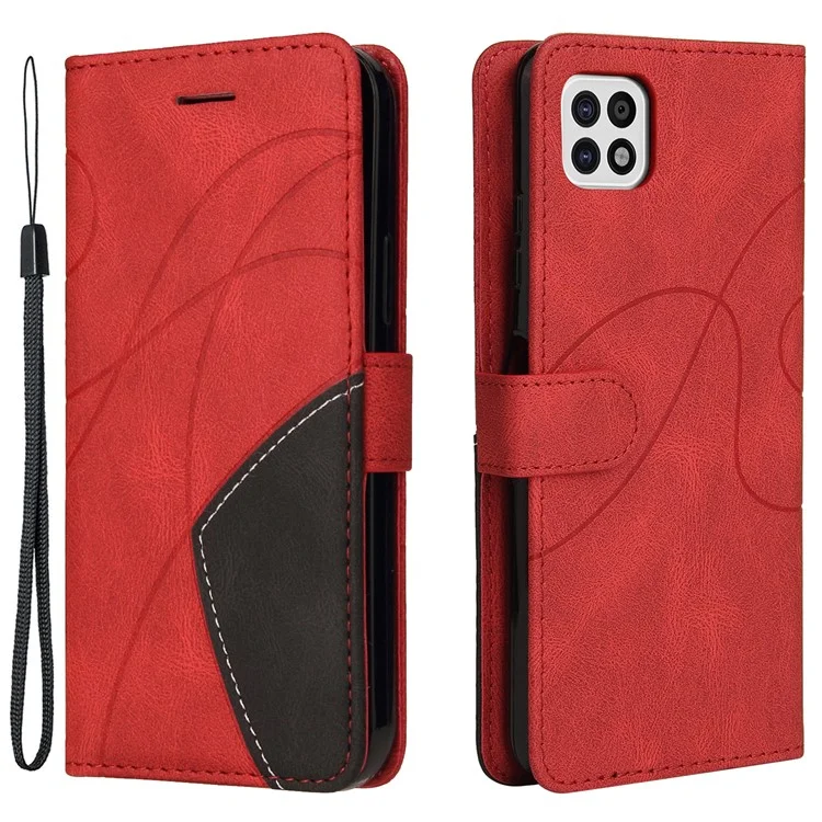 KT Leather Series-1 Leather Wallet Phone Cover Bi-color Splicing Style Case for Samsung Galaxy A22 5G (EU Version) - Red