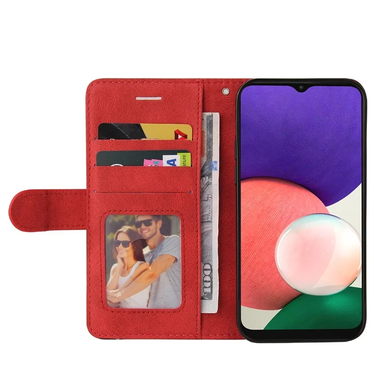 KT Leather Series-1 Leather Wallet Phone Cover Bi-color Splicing Style Case for Samsung Galaxy A22 5G (EU Version) - Red