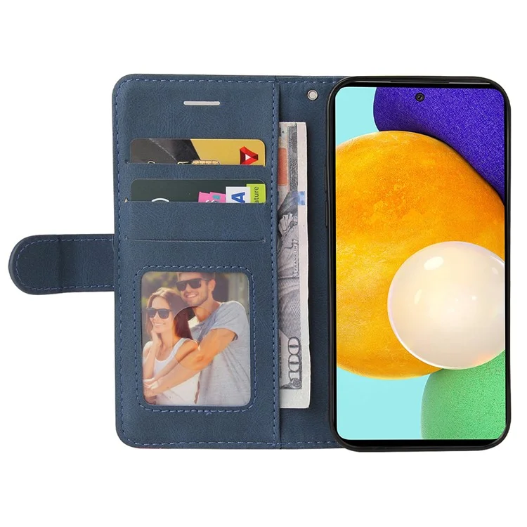 KT in Pelle Serie-1 Stand Feature Cinghia da Polso Stile di Giunzione a Due Colori PU Portafoglio Flip Portafoglio Cover Follio Per Samsung Galaxy A52 4G/5G / A52s 5G - Blu