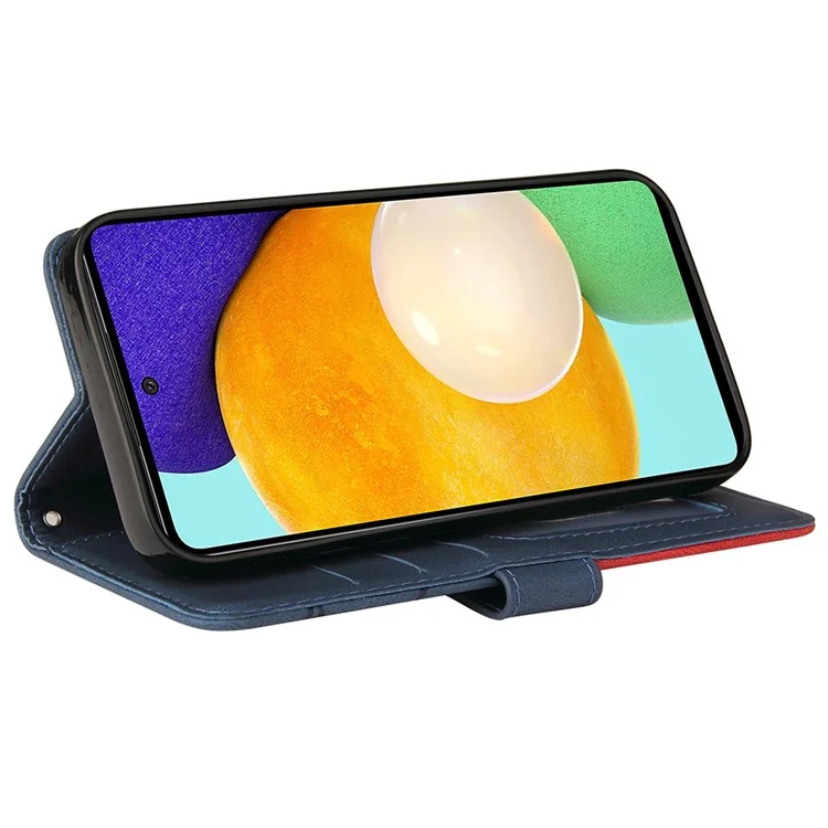 Série KT Leather-1 Stand Feature Sangle de Poignet Bi-couleur Splicing Style Étui Portefeuille en Cuir PU Folio Cover pour Samsung Galaxy A52 4G/5G / A52s 5G - Bleu