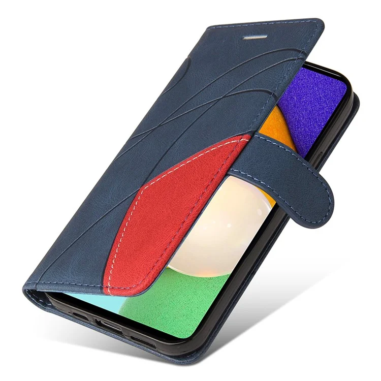 KT Leath Series-1 Stand Caractéristique de Bracelet Bi-couleur Style D'épissage PU Cuir Flip Portefeuille Téléphone Couverture Folio Pour Samsung Galaxy A52 4g / 5G / A52s 5G - Bleu