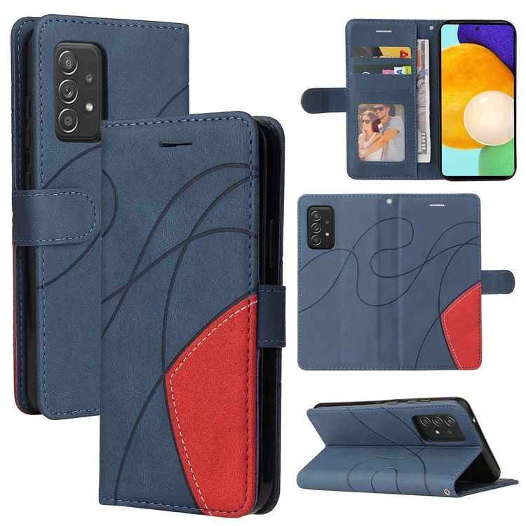 KT Leath Series-1 Stand Caractéristique de Bracelet Bi-couleur Style D'épissage PU Cuir Flip Portefeuille Téléphone Couverture Folio Pour Samsung Galaxy A52 4g / 5G / A52s 5G - Bleu