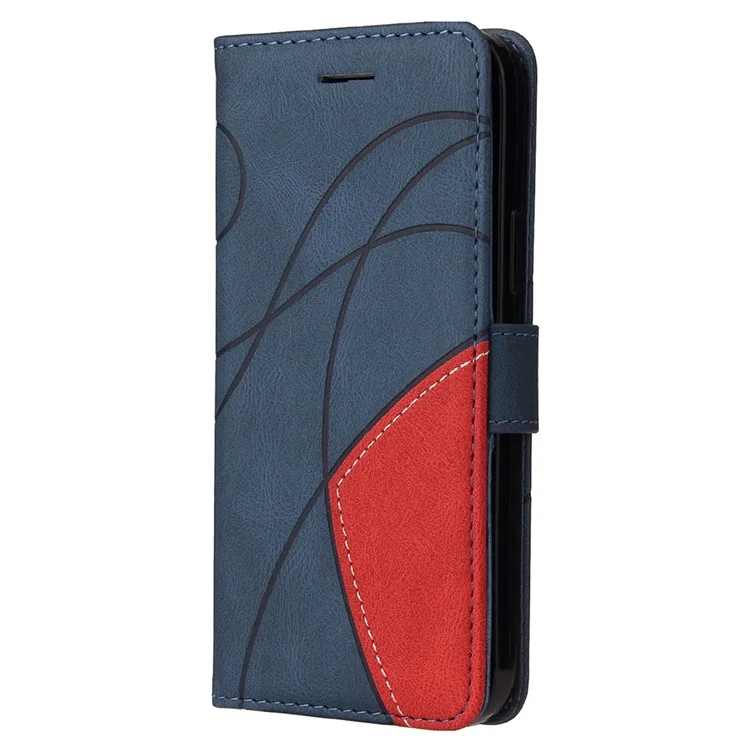 KT Leath Series-1 Stand Caractéristique de Bracelet Bi-couleur Style D'épissage PU Cuir Flip Portefeuille Téléphone Couverture Folio Pour Samsung Galaxy A52 4g / 5G / A52s 5G - Bleu